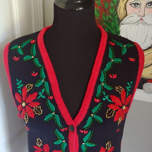 VINTAGE Bobbie Brooks Poinsettia Christmas Vest Women's Size Small - Picture 2 of 10